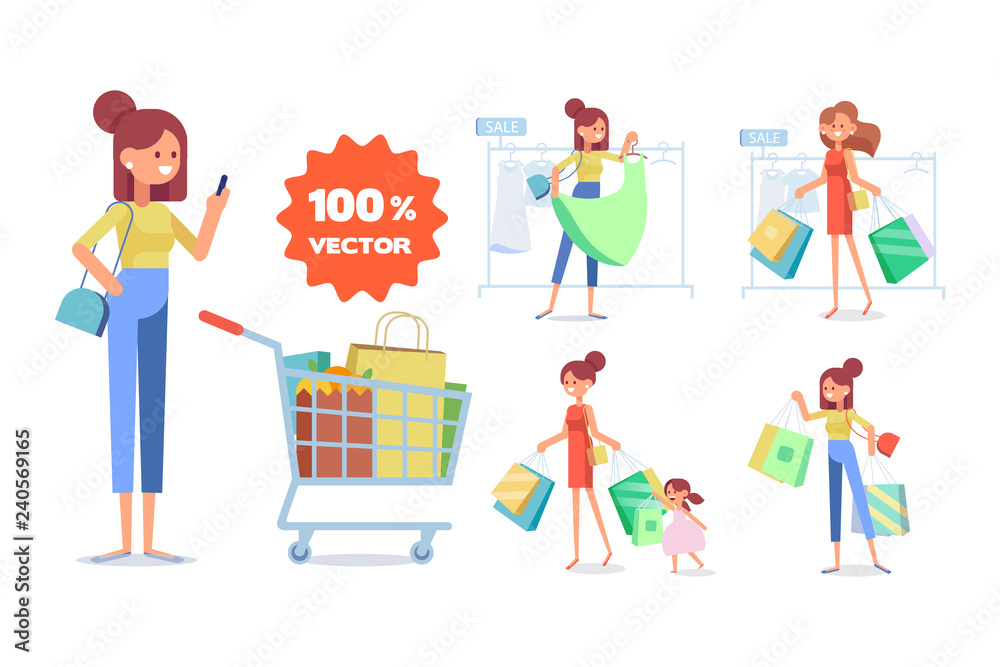 People Shopping in supermarket big vector set. Big sale. Flat vector illustration. People Shopping in supermarket big vector set. Big sale. Flat vector illustration.