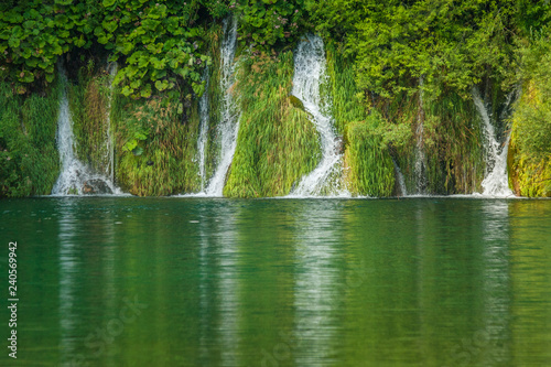 Waterfall at a lake. The Plitvice Lakes National Park  Croatia  Europe.