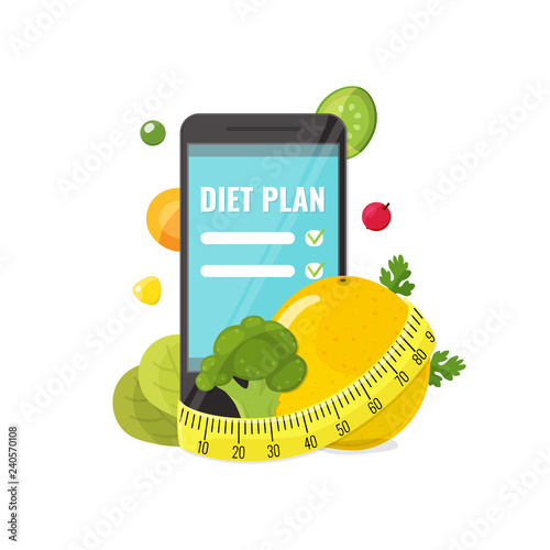 Phone with app of diet plan, orange, broccoli, vegetables and measuring tape. Diet plan concept for banners, web mobile design. Vector illustration.