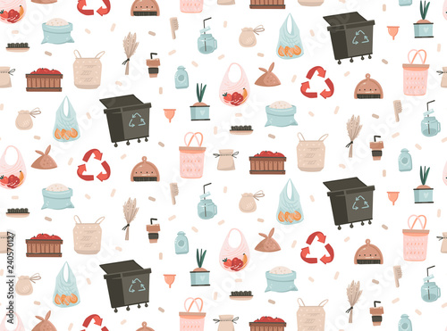 Hand drawn vector abstract cartoon modern graphic illustrations art seamless pattern with Zero Waste ans Save Planet illustrations concept isolated on white background