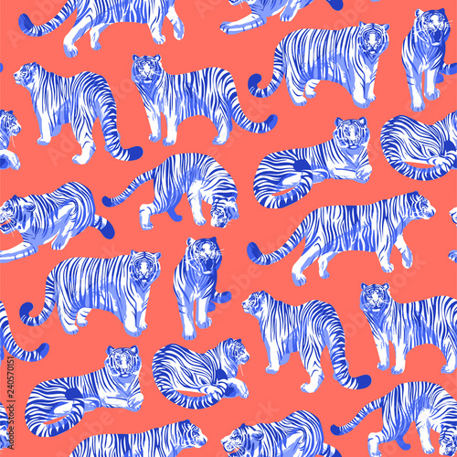 Graphic seamless pattern of tigers in different poses.