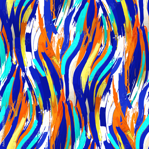 Graphic seamless pattern of bright brush strokes in the shape of abstract tiger skin.
