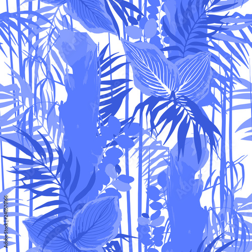 Graphic seamless pattern of exotic leaves and trees