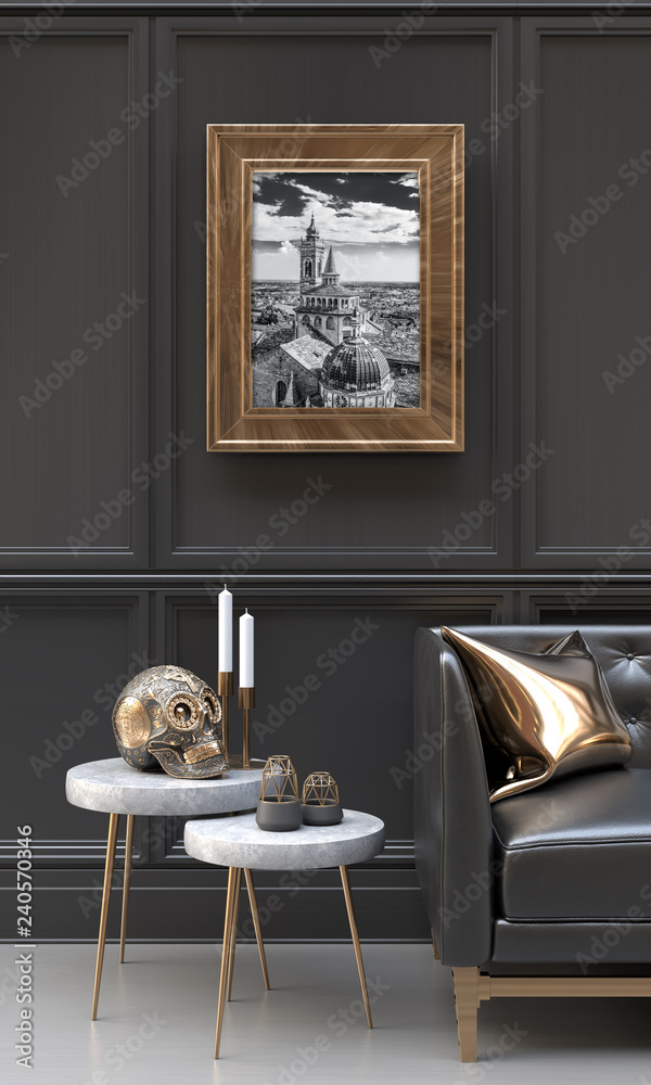 Luxury interior of a black and metallic gold living room with black and  white pictures, copper skull, side tables, sofa, cushions and ethnic  sculptures. 3D rendering illustration ilustración de Stock | Adobe