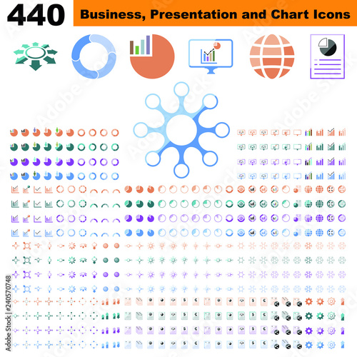 Business infographic, chart, presentation, report and visualization elements with color. Concept of business, finance and corporate status reporting. Coloured icon set.