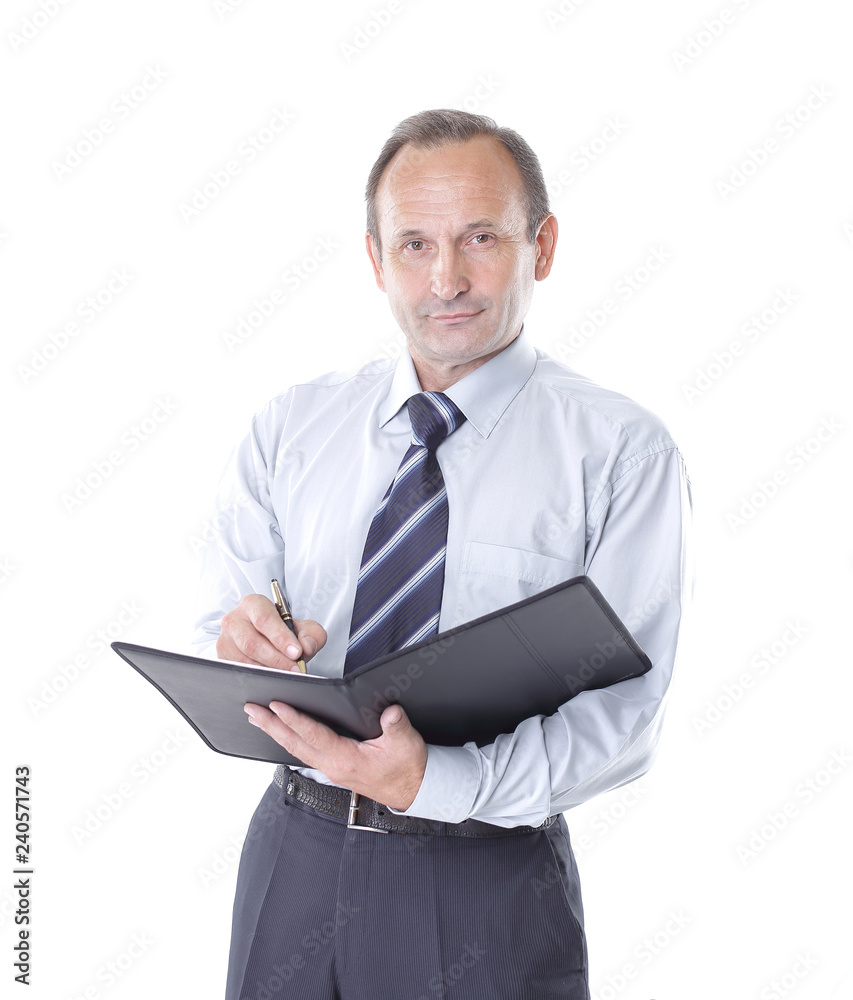 confident businessman with clipboard.isolated on white. photo with copy space