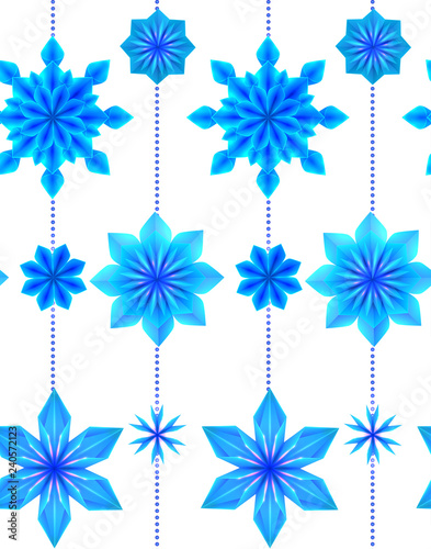 Seamless pattern with 3d hanging blue origami snowflakes on white background. Vector texture for gift wrapping, wallpaper and your creativity
