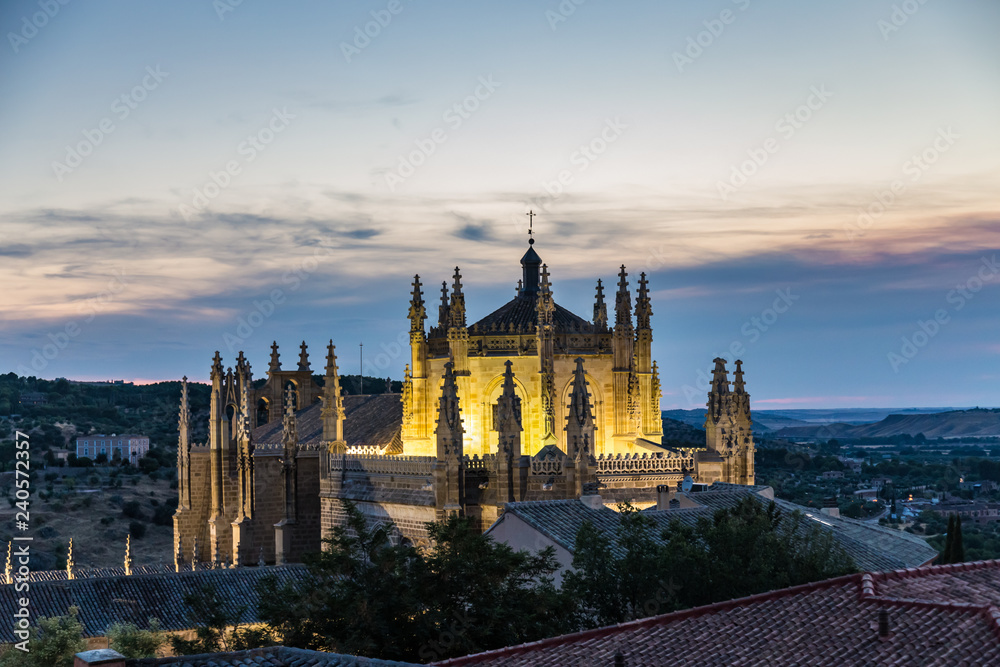 Evening illumination of the dome of the Monasterio de San Juan de los Reyes in Toledo, Spain.