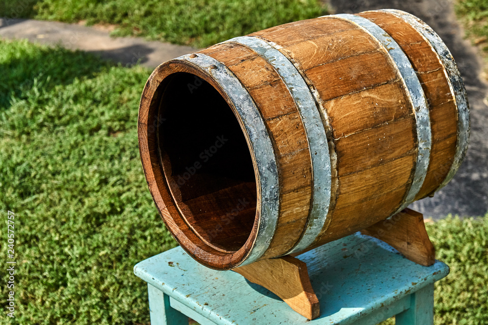 Oak Barrel. Open wooden barrel. Wooden barrel covered with wax