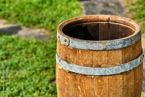 Oak Barrel. Open wooden barrel. Wooden barrel covered with wax