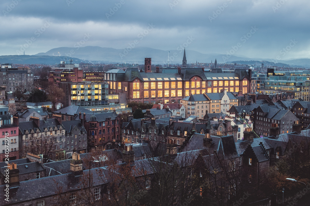 Top view of the night city of Edinburgh