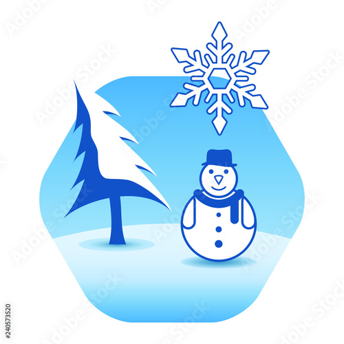 Funny snowman in hat and wearing scarf. Winter landscape with pine tree. Huge snowflake is falling over the snowy hill. Concept of winter, christmas and new year. Hexagonal icon design.