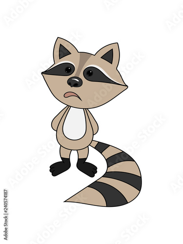 The little raccoon was offended. On white background offended little gray raccoon with a striped tail. Vector image.