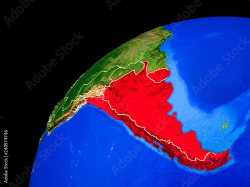 Southern Cone from space. Planet Earth with country borders and extremely high detail of planet surface.