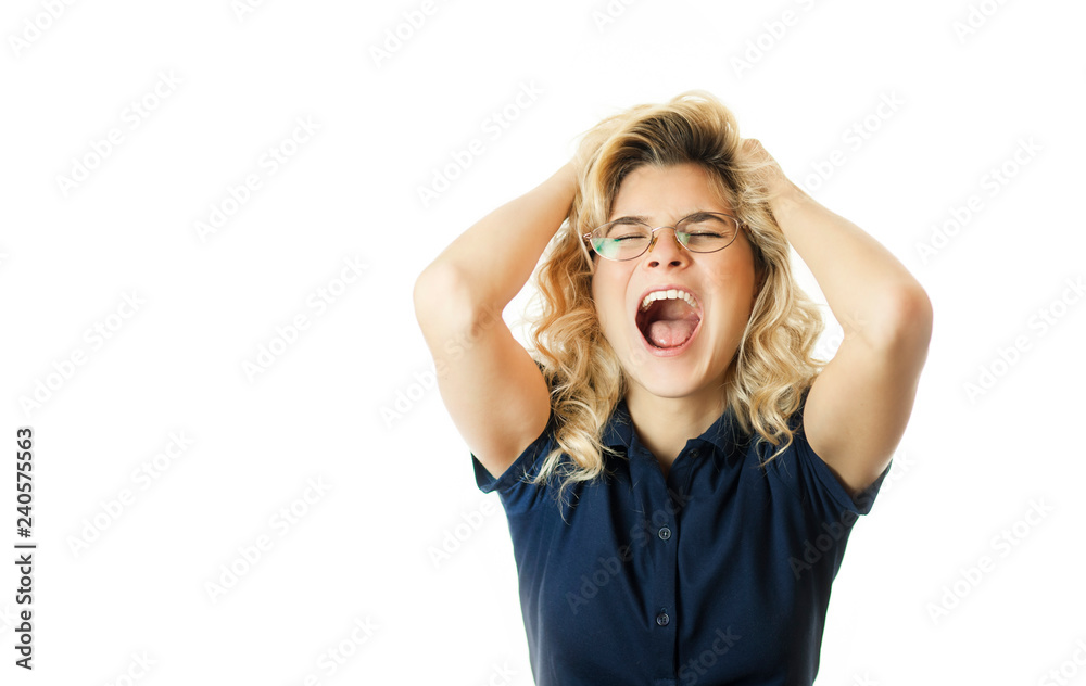 Young beautiful emotional girl rejoices and shouts on a white isolated background. Young beautiful emotional girl rejoices and shouts on a white isolated background.