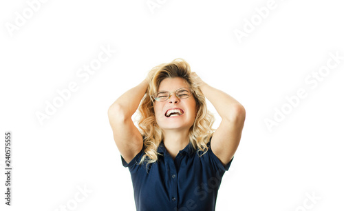 Young beautiful emotional girl rejoices and shouts on a white isolated background.