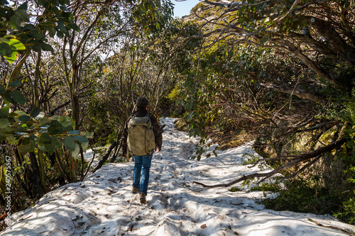 Lady hiking with large backpack in snow Mt Buffalo