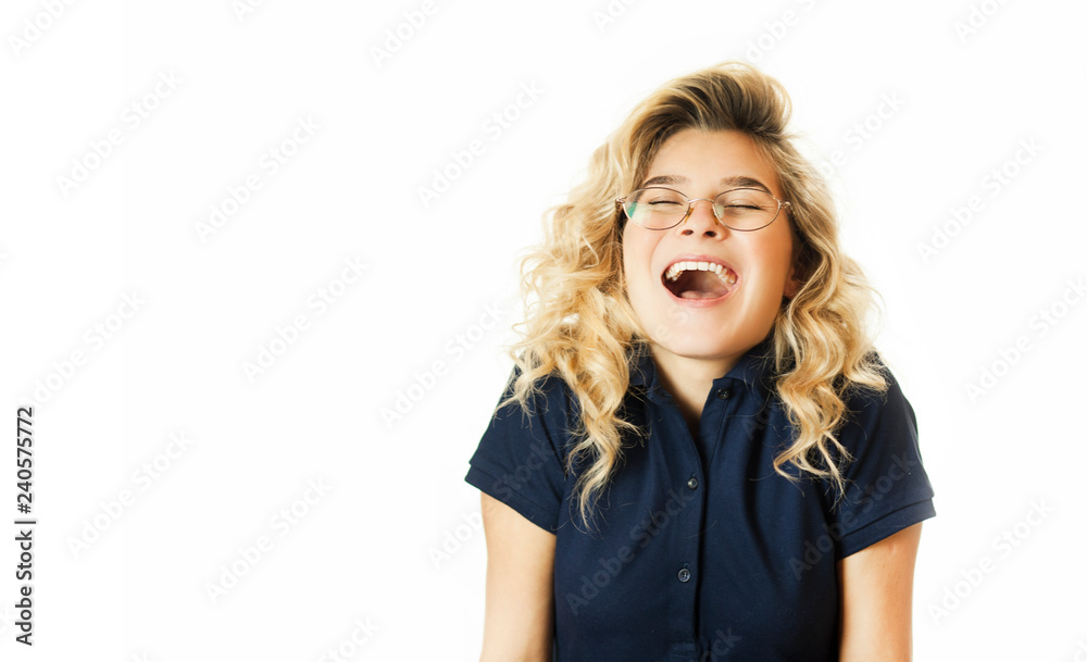 Young beautiful emotional girl rejoices and shouts on a white isolated background. Young beautiful emotional girl rejoices and shouts on a white isolated background.