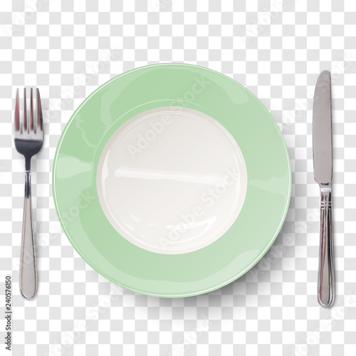 Empty plate in light green design with knife and fork isolated on transparent background. View from above.