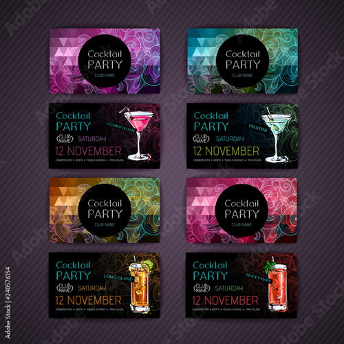 Disco triangle geometric background. Set of Cocktail party card