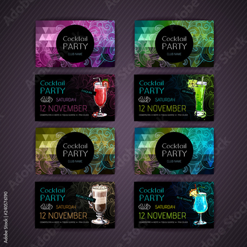 Disco triangle geometric background. Set of Cocktail party card