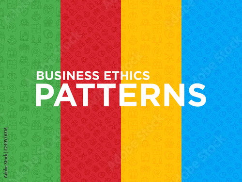 Four different Business ethics seamless patterns with thin line icons: connection, union, trust, honesty, responsibility, justice, commitment, no to racism, gender employment. Vector illustration.