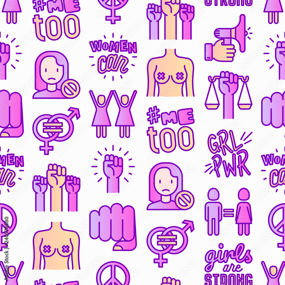 Feminism seamless pattern with thin line icons: women's rights, girl power, gender equality, sex dicrimination, me too, protest, girls are strong. Modern vector illustration. Feminism seamless pattern with thin line icons: women's rights, girl power, gender equality, sex dicrimination, me too, protest, girls are strong. Modern vector illustration.