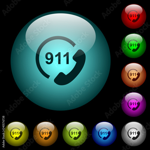 Emergency call 911 icons in color illuminated glass buttons