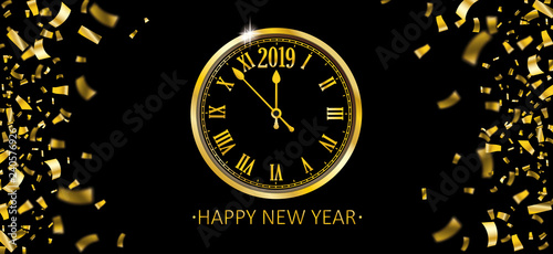2019 Clock Happy New Year Golden Confetti Black Header