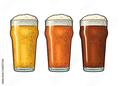 Glass with three types beer. Vintage black and color engraving
