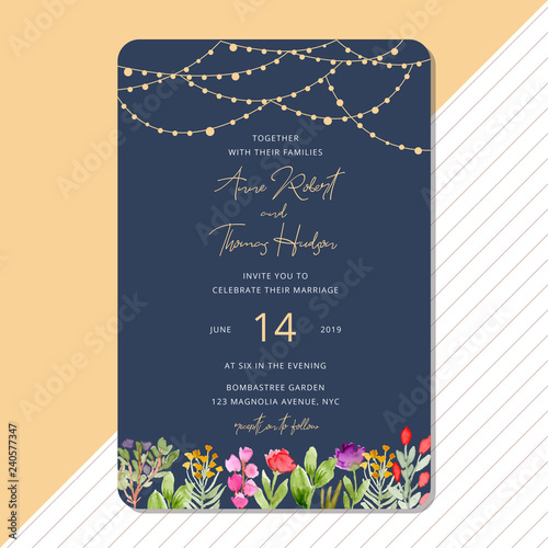 wedding invitation with floral watercolor and string light background
