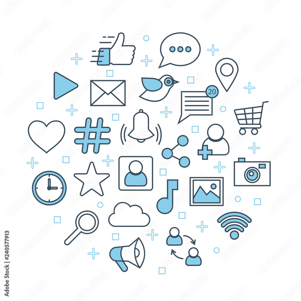 Social network poster. Thin line icons set marketing concept banner. Social media web symbols Social network poster. Thin line icons set marketing concept banner. Social media web symbols