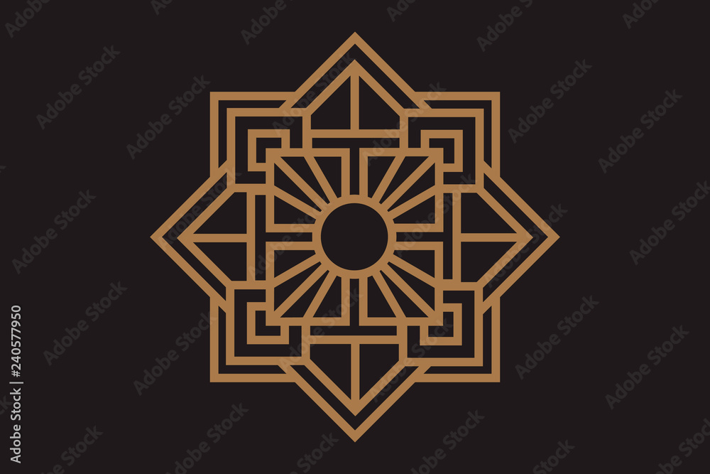 Abstract emblem in trendy linear style with sun of sacred icon on geometric. Vector graphic design logo, print, label, badge, sticker, emblem, sign, identity. Abstract emblem in trendy linear style with sun of sacred icon on geometric. Vector graphic design logo, print, label, badge, sticker, emblem, sign, identity.