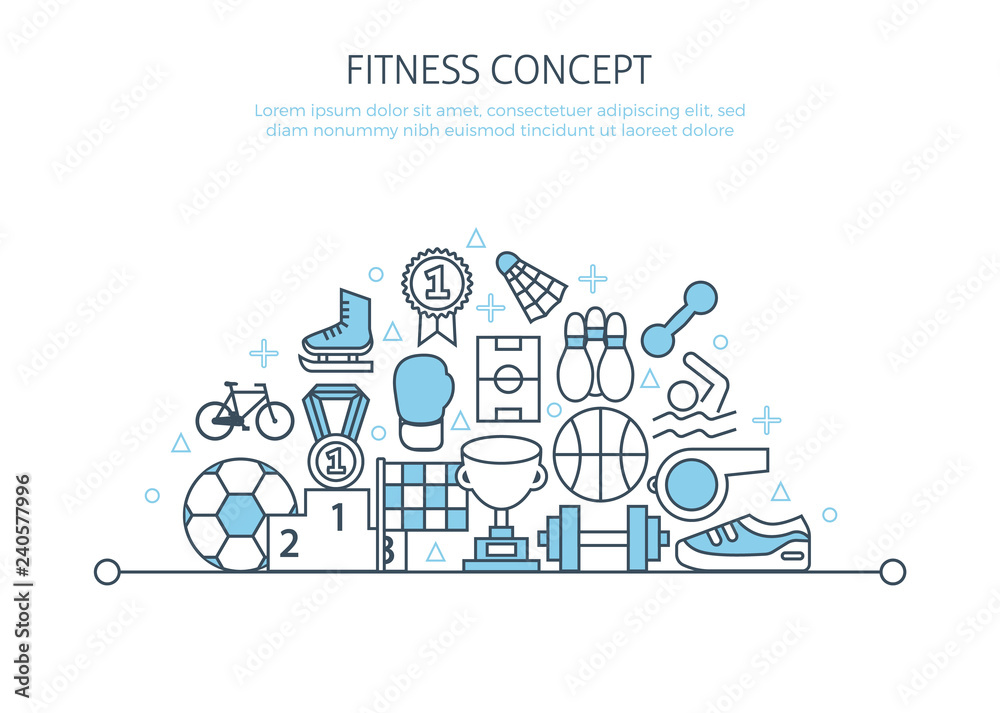 Sport poster template. Thin line icons set fitness concept banner. Sports equipment Sport poster template. Thin line icons set fitness concept banner. Sports equipment