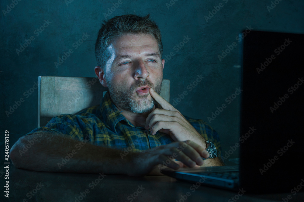Online Mobile Sex - young aroused and excited sex addict man watching porn mobile online in  laptop computer light night at home in pornography addiction internet  pornographic content Stock Photo | Adobe Stock