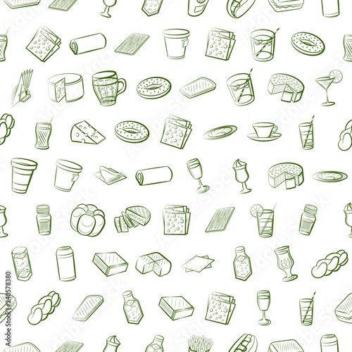 American food, Bakery products, Cheeses, Drinks and Table setting set. Background for printing, design, web. Usable as icons. Seamless. Color.