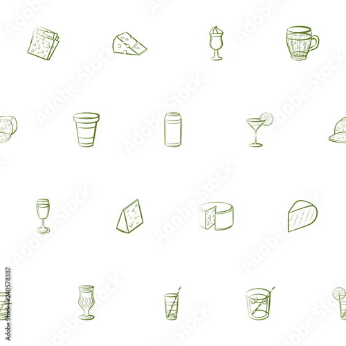 Cheeses and Drinks set. Background for printing, design, web. Usable as icons. Seamless. Color.
