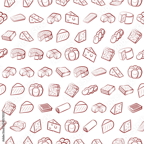 Bakery products and Cheeses set. Background for printing, design, web. Usable as icons. Seamless. Color.