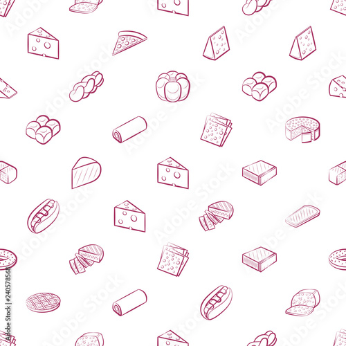 American food, Bakery products and Cheeses set. Background for printing, design, web. Usable as icons. Seamless. Color.