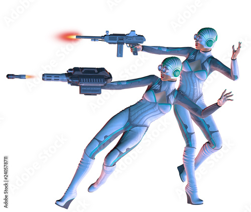 future soldiers are shooting with rifle and rocket launcher, 3d illustration