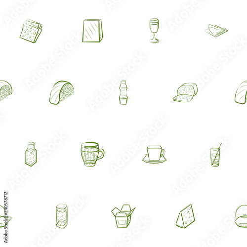 Cheeses, Drinks, Japanese food and Table setting set. Background for printing, design, web. Usable as icons. Seamless. Color.