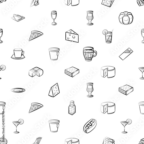 American food, Bakery products, Cheeses, Drinks and Table setting set. Background for printing, design, web. Usable as icons. Seamless. Monochrome binary, black and white.