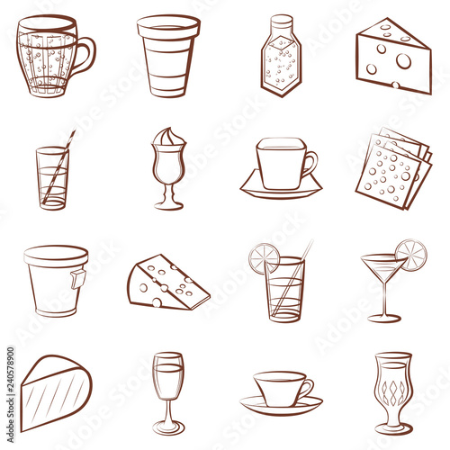 Cheeses and Drinks set. Background for printing, design, web. Usable as icons. Seamless. Color.