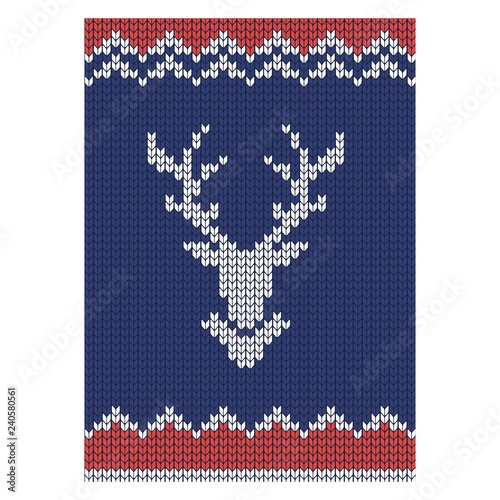 Reindeer head silhouette on vector knitted background