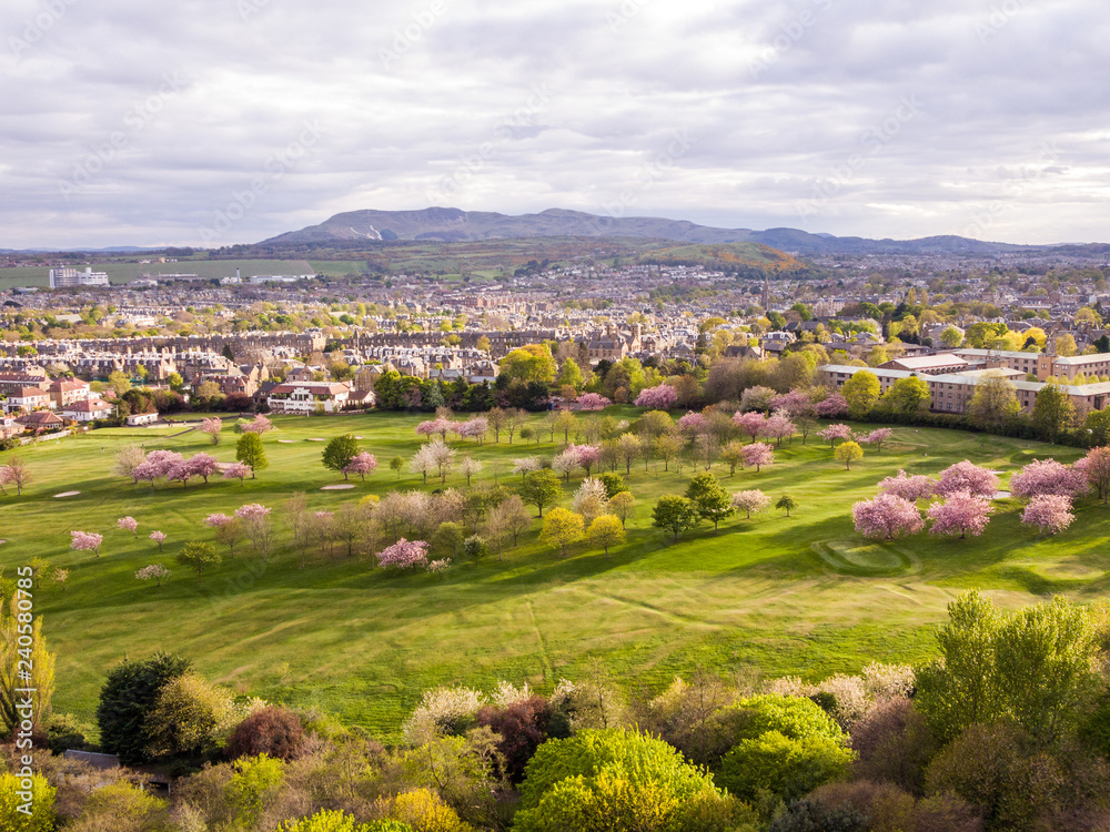 Beautiful spring landscape with colorful blooming trees and green hills in Edinburgh, as seen from the top of Arthur's Seat, Scotland, UK.