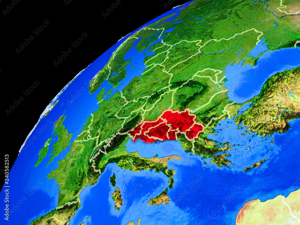 Former Yugoslavia from space. Planet Earth with country borders and extremely high detail of planet surface.