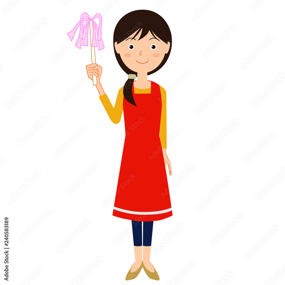 はたきを持つエプロン姿の若い女性のイラスト Stock Vector Adobe Stock