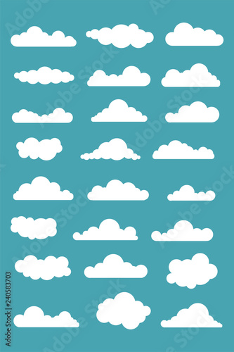 Cloud icon set, silhouettes of white clouds. Cartoon vector illustration.