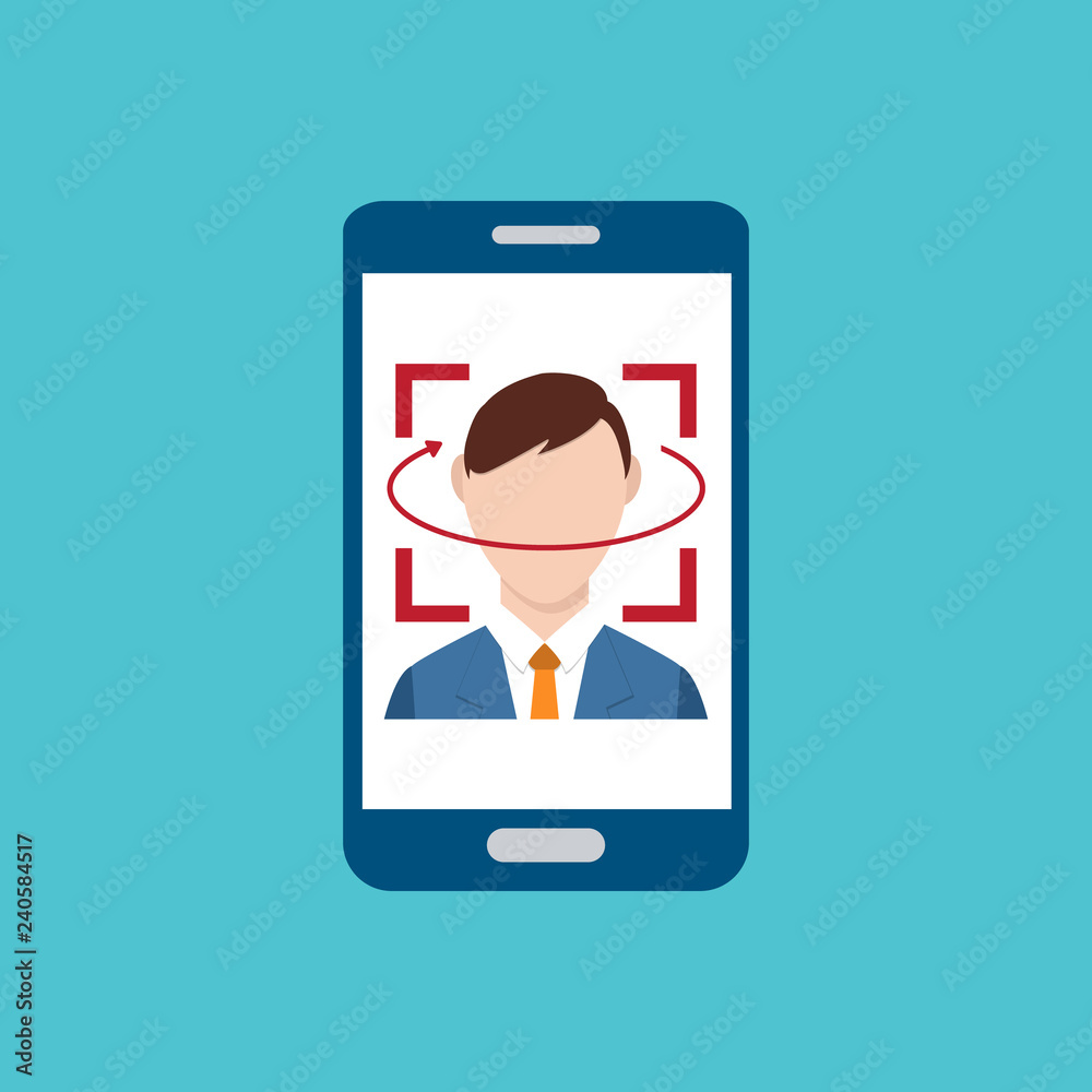 Facial recognition technology, Face ID concept, smart phone focus in a users face. Vector illustration. Facial recognition technology, Face ID concept, smart phone focus in a users face. Vector illustration.