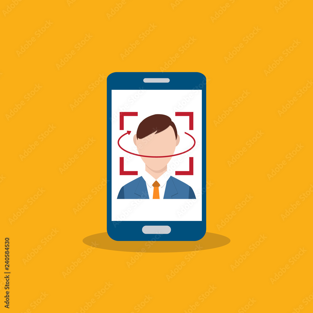 Facial recognition technology, Face ID concept, smart phone focus in a users face. Vector illustration. Facial recognition technology, Face ID concept, smart phone focus in a users face. Vector illustration.